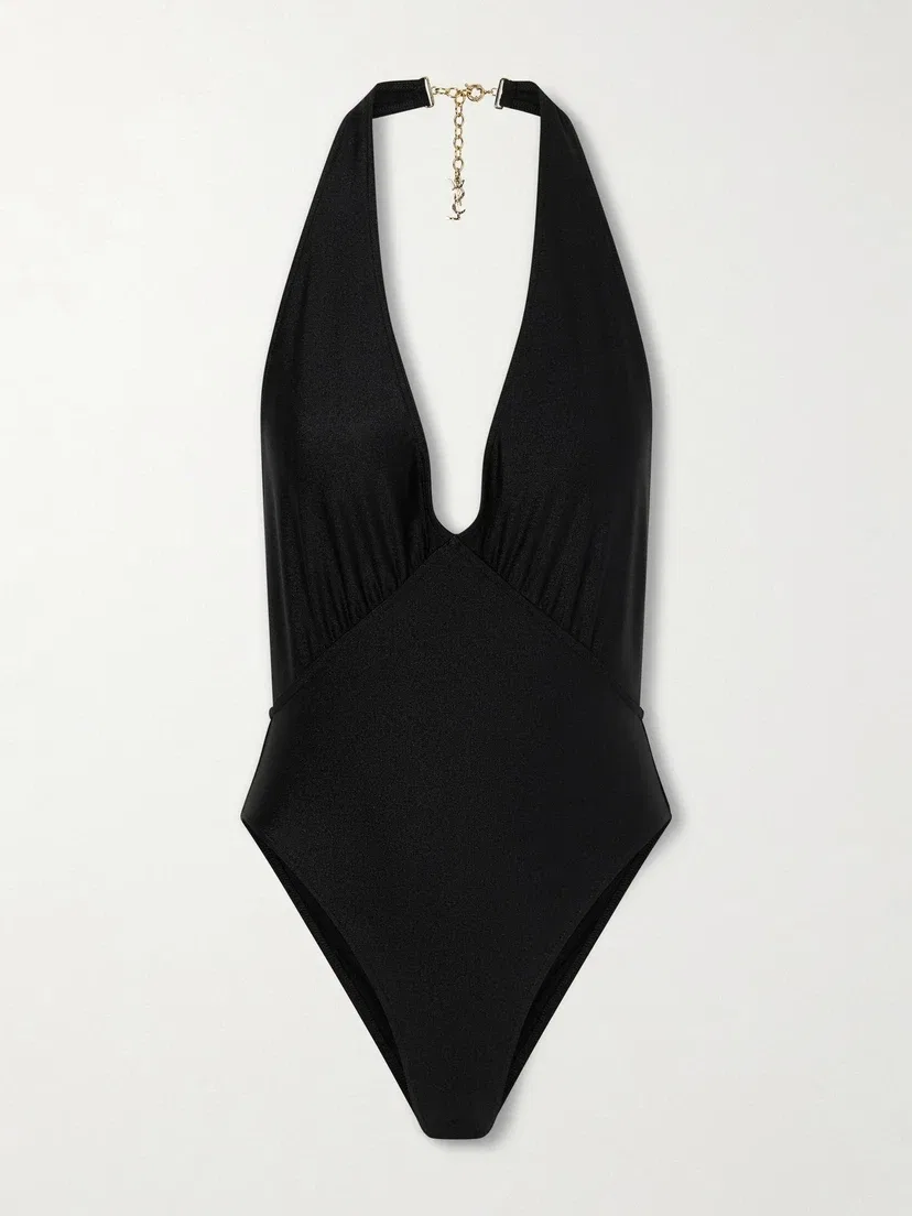 Купальник-халтер с драпировкой SAINT LAURENT, черный