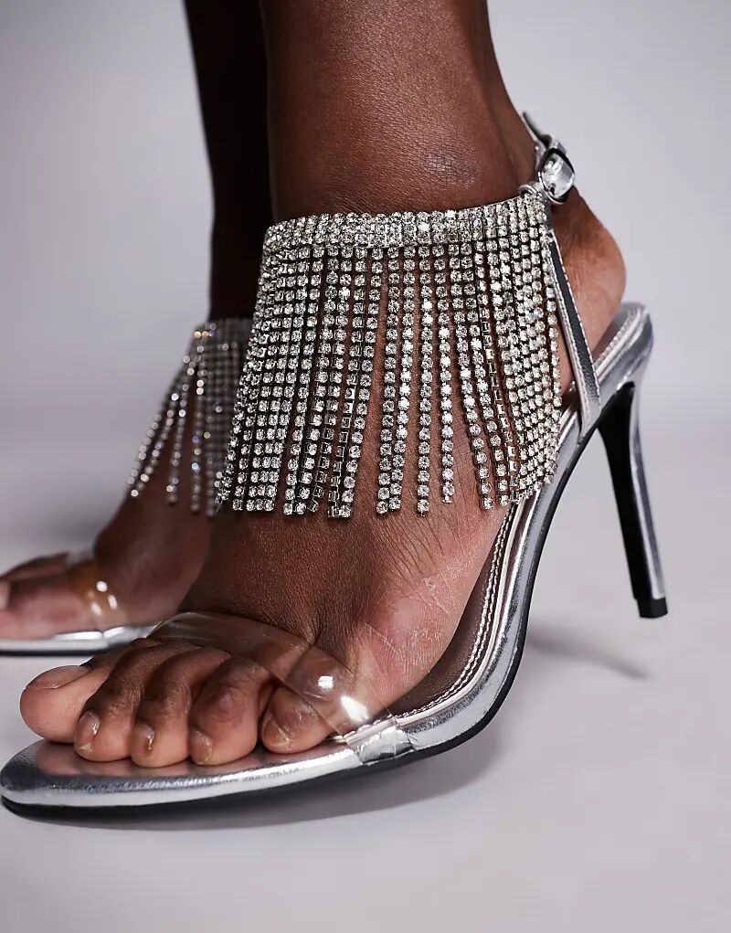 Босоножки Noelle на высоком каблуке с бахромой от ASOS DESIGN, серебристого цвета — фото 2