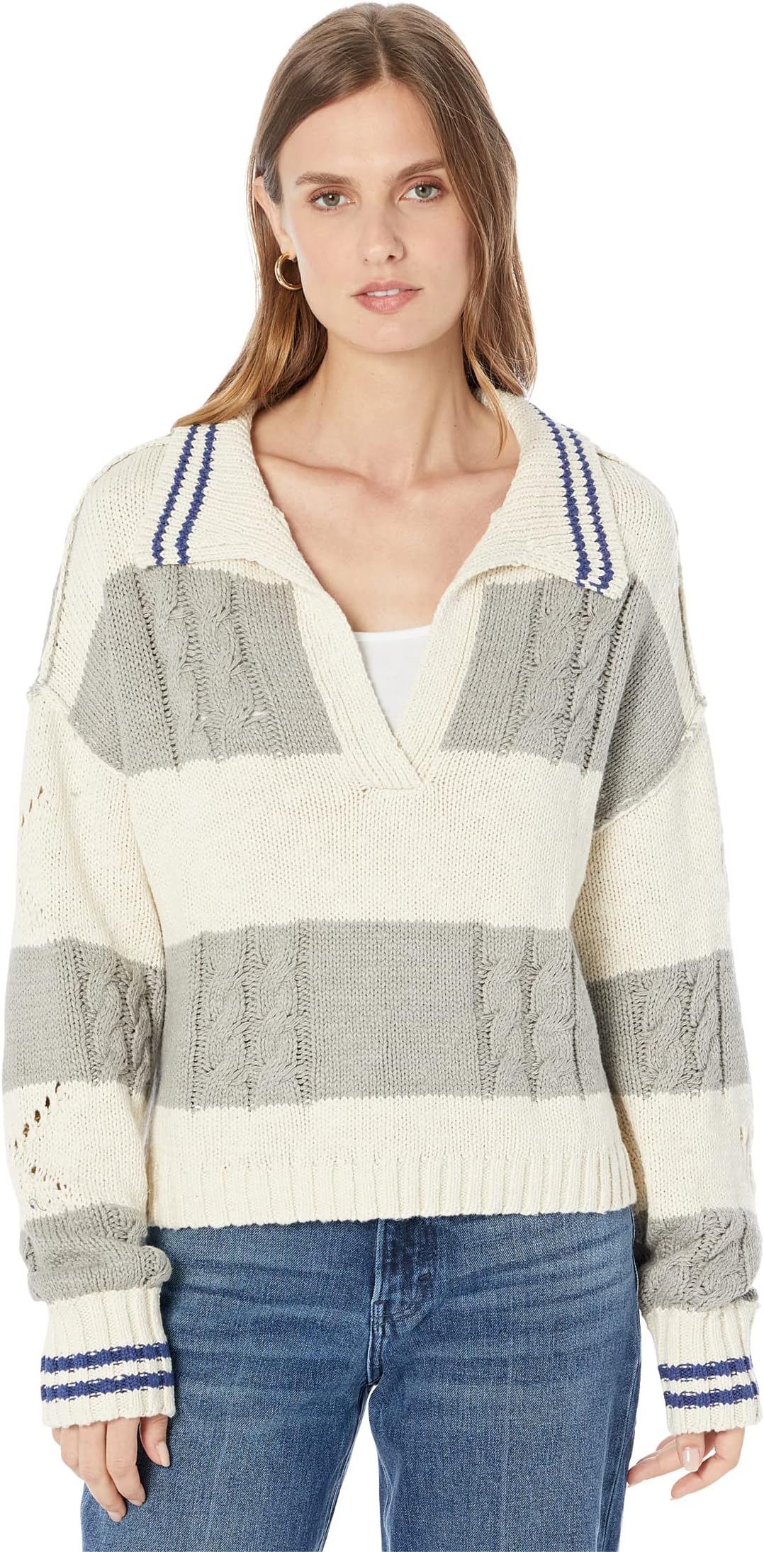 

Свитер в полоску с воротником-стойкой Lucky Brand, цвет Cream Grey Stripe