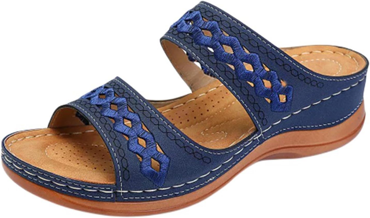 

Босоножки на танкетке для женщин, нарядные вышитые ортопедические сандалии, летние повседневные женские слипоны на платформе с открытым носком, двухремешковые дышащие прогулочные тапочки Generic, темно-синий