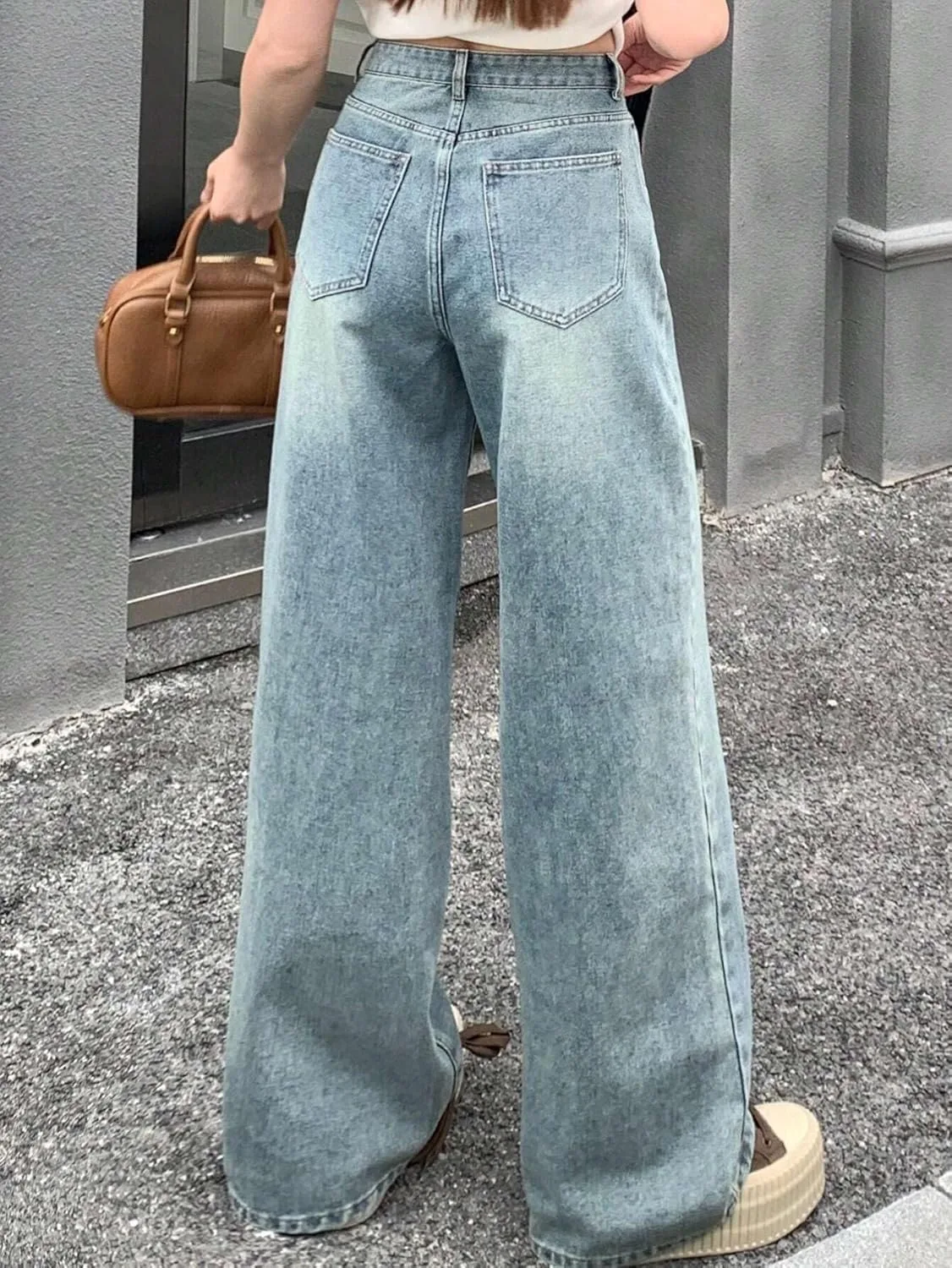 Женские классические джинсы в стиле loose fit с широкими штанинами Generic, Medium Wash — фото 2