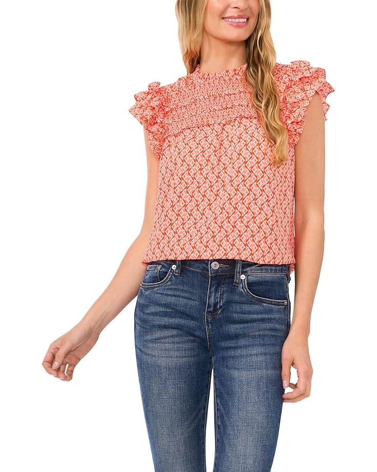 

Блузка CeCe Ruffle Smocked Yoke Babydoll Blouse, цвет Tigerlily