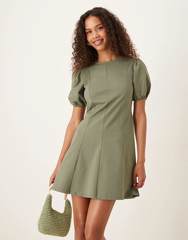 

Мини-платье ASOS DESIGN цвета хаки с рукавами-фонариками и декоративными швами