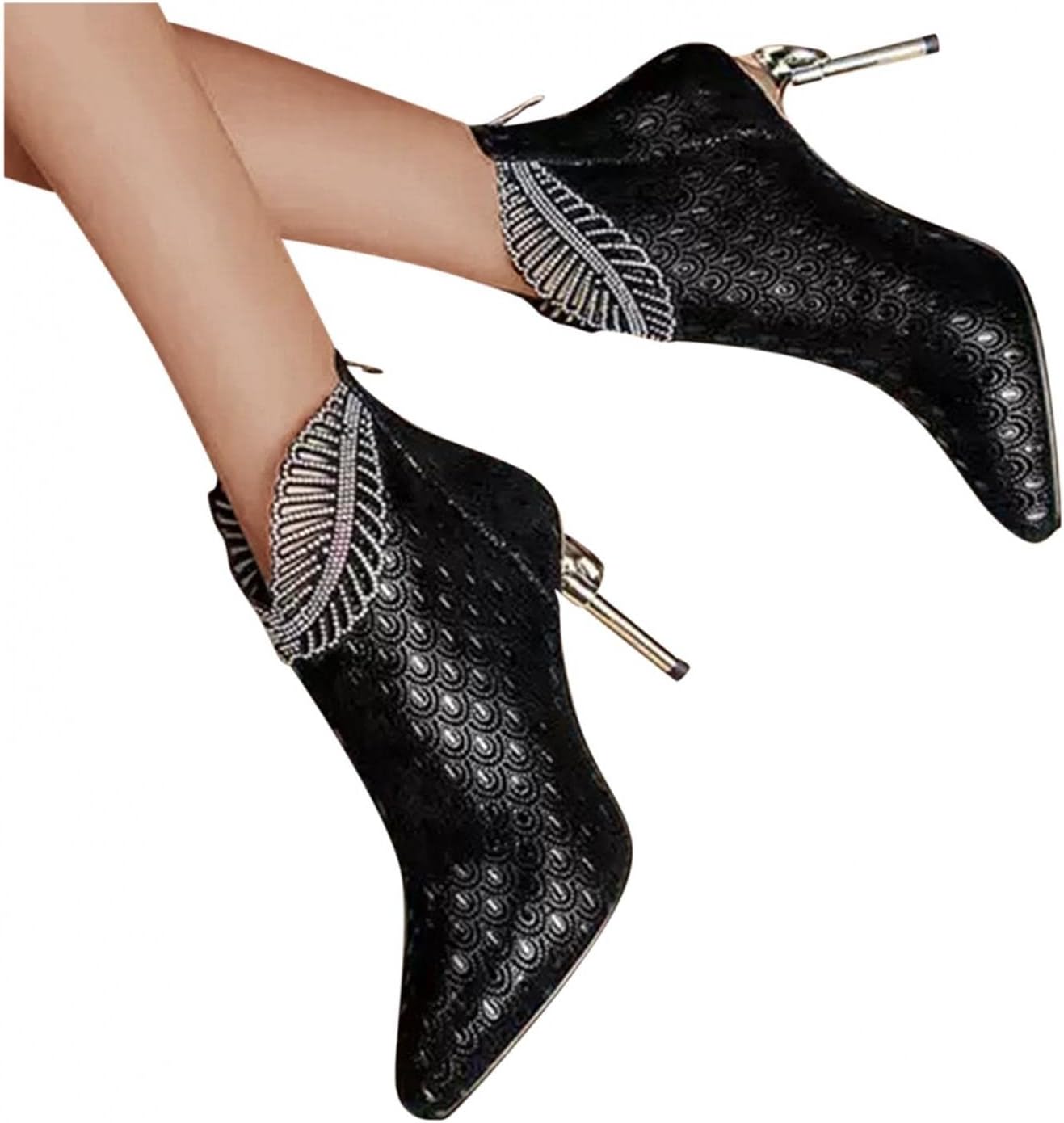 Женские высокие ботильоны Hbeylia Stiletto с высокими каблуками, модные, винтажный дизайн с листовым манжетом, кожаные, с острым носком, на каблуке, осенне-зимние элегантные короткие ботинки для невесты, свадьбы, банкета или вечеринки, черный — фото 4