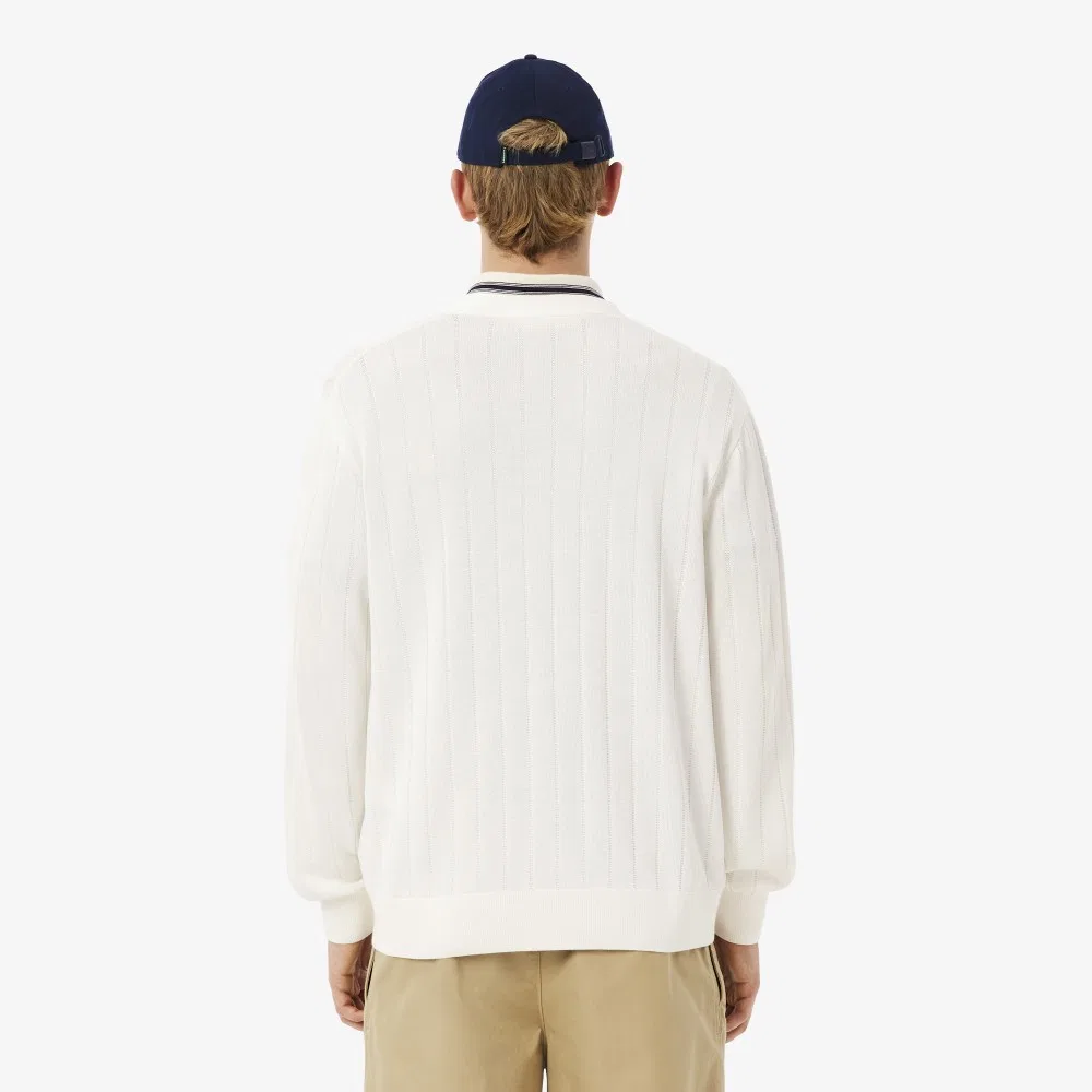 Мужской хлопковый кардиган в рубчик молочно-белый от Lacoste — фото 3