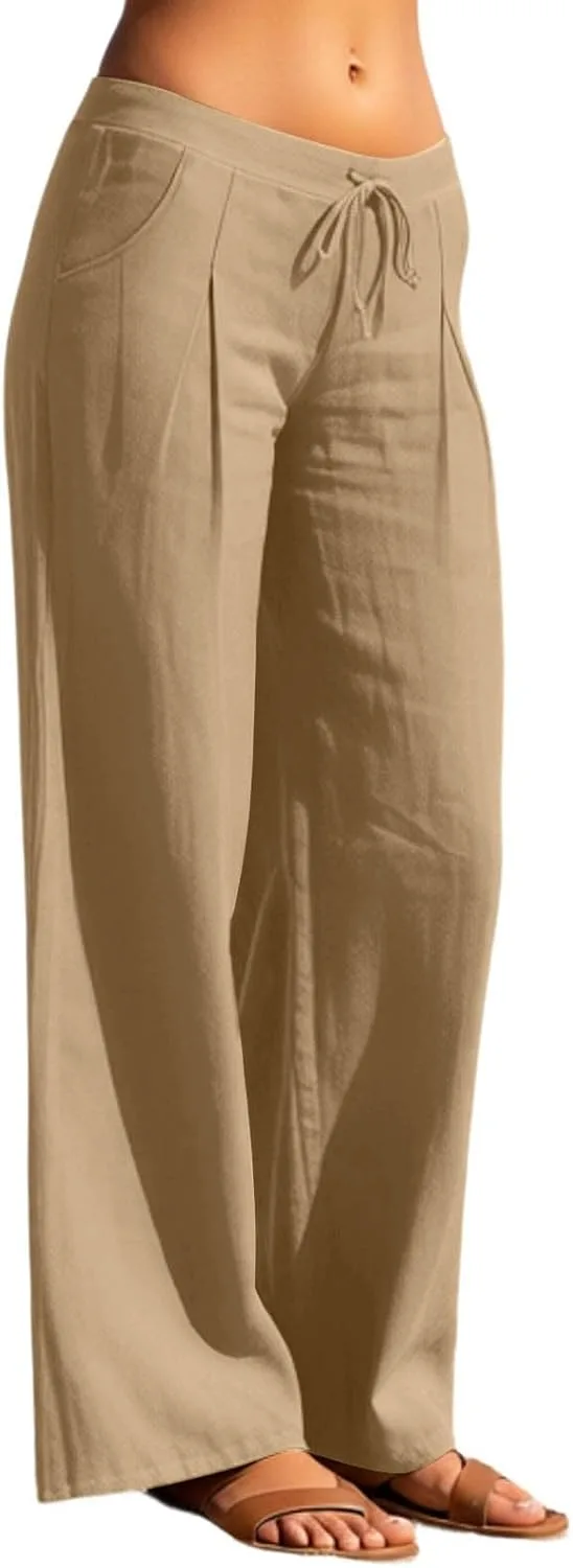 Льняные брюки Women 2026 Wide Leg с кулиской и эластичной резинкой на поясе, льняные хлопковые широкие брюки, повседневные свободные штаны с карманами Generic, хаки