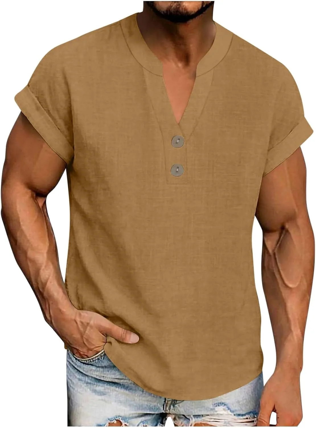 

Льняная рубашка для мужчин Henley V-образный вырез Blczomt