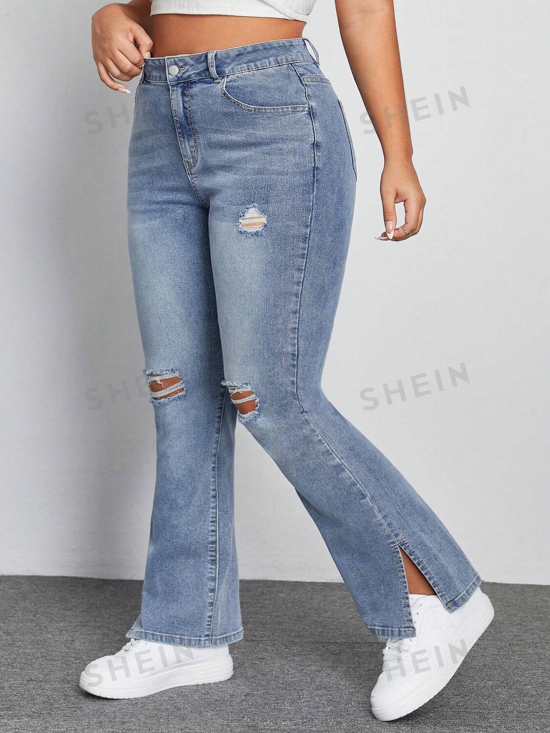 

Рваные джинсы EZwear Plus с разрезом внизу Shein, синий