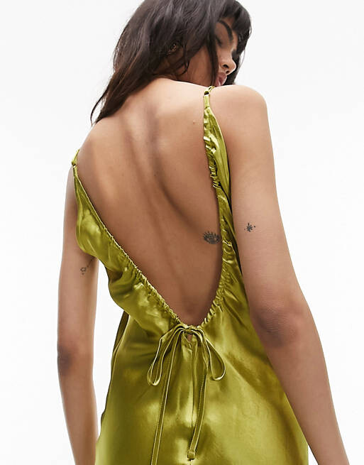 Желто-зеленое платье макси на бретельках Topshop