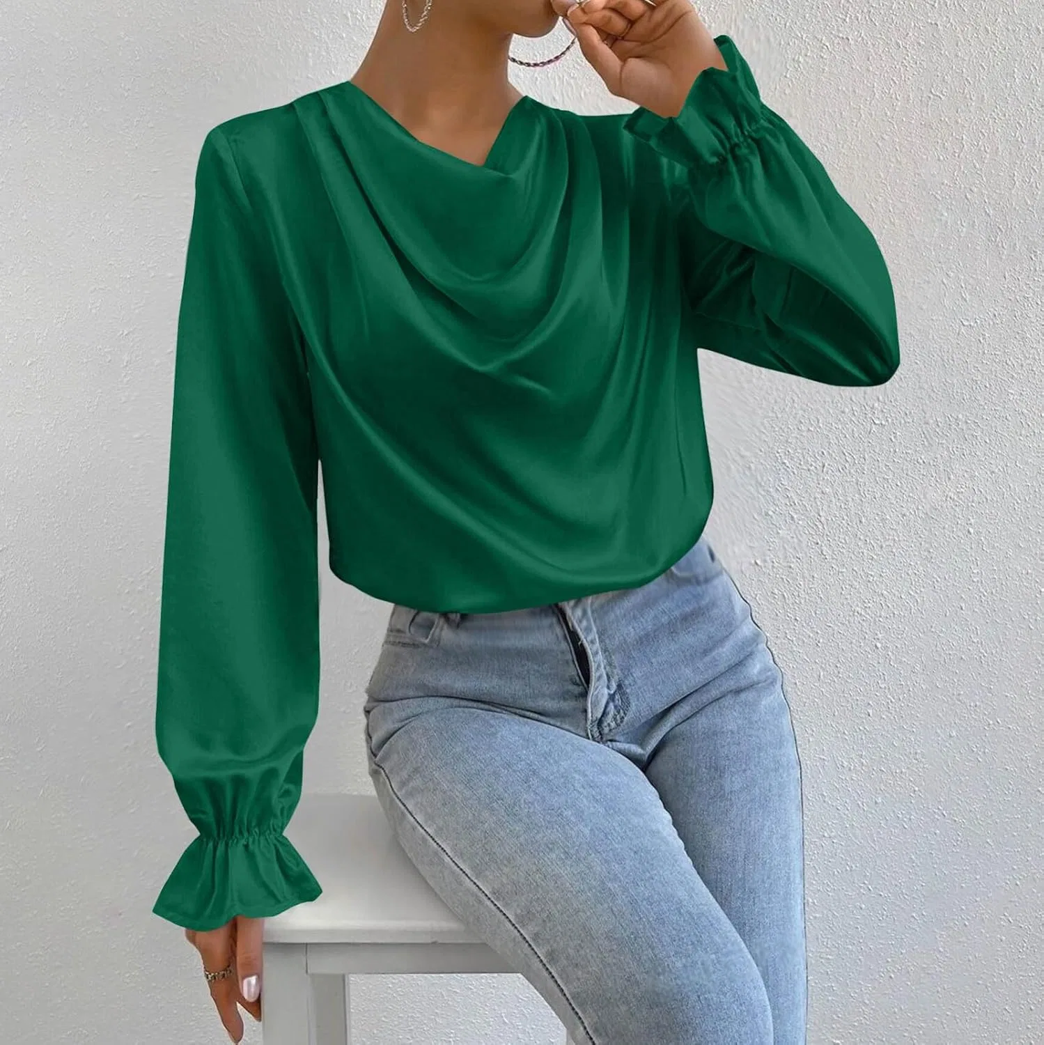 Generic Women's Tops Fashion Ruffles Long Sleeve Satin Shirts Ladies Loose Fit V Neck Soild Tees Tops with Smocked Cuffs, зеленый — фото 3