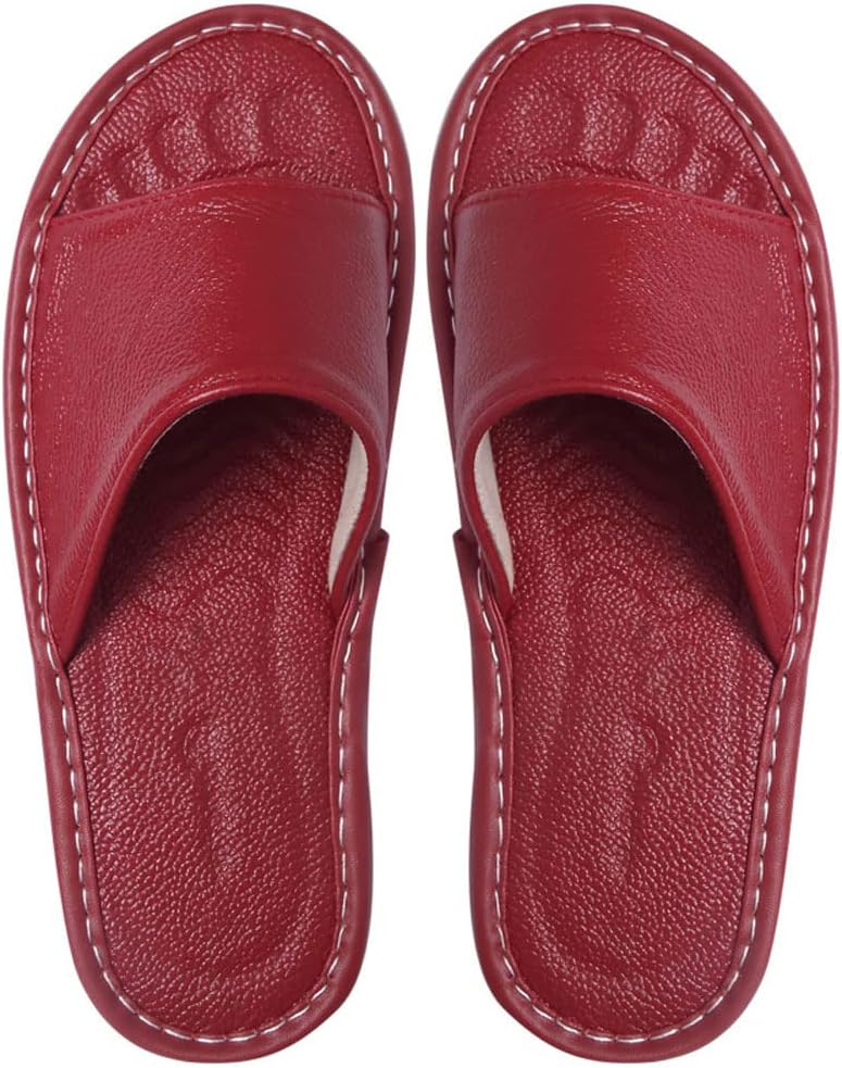 

Унисекс кожаные домашние тапочки JadeRich с открытым носком, удобные плоские шлепанцы с противоскользящей подошвой для женщин и мужчин, красный