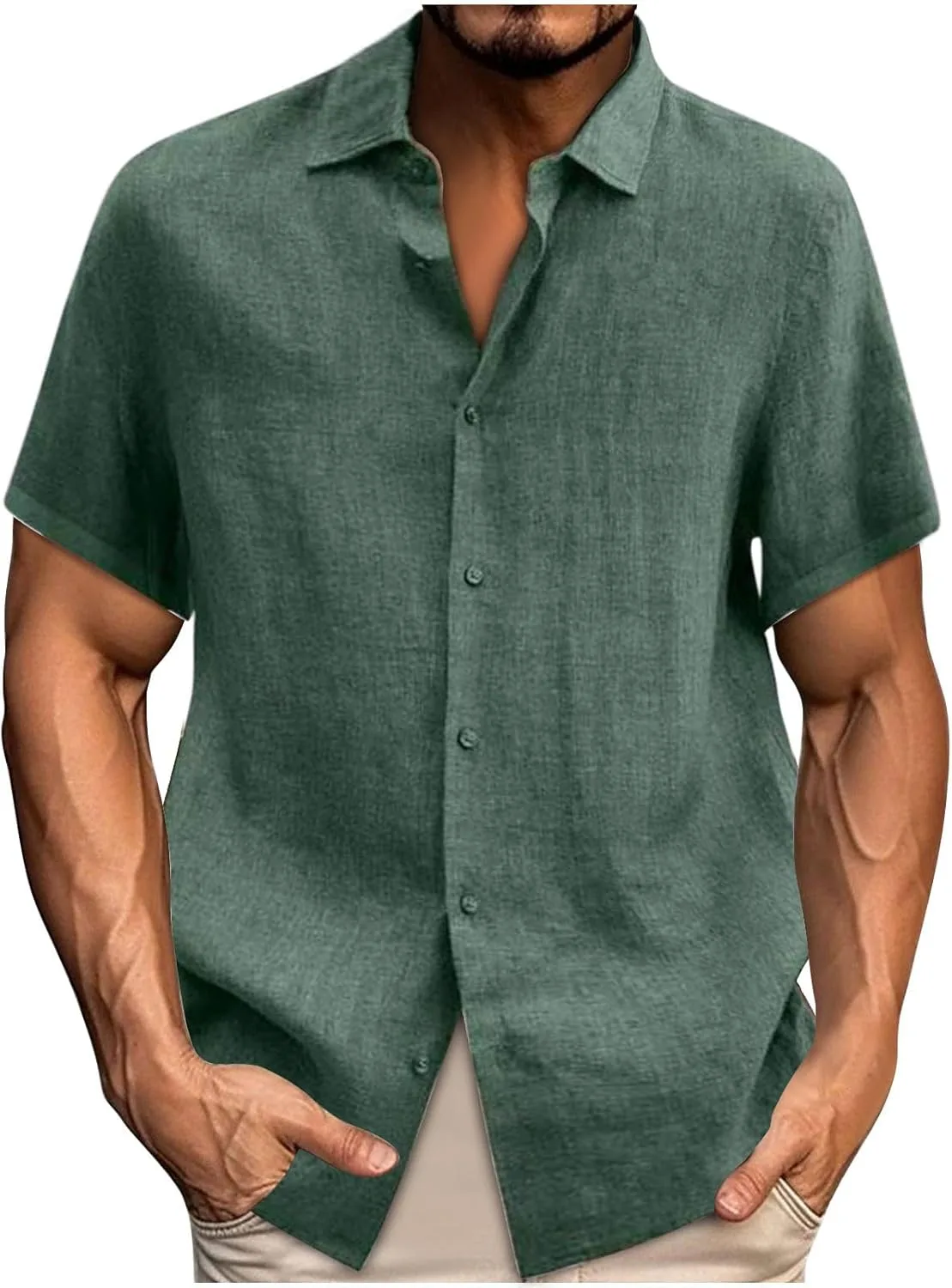 

Мужская льняная рубашка 2025 лето casual короткий рукав