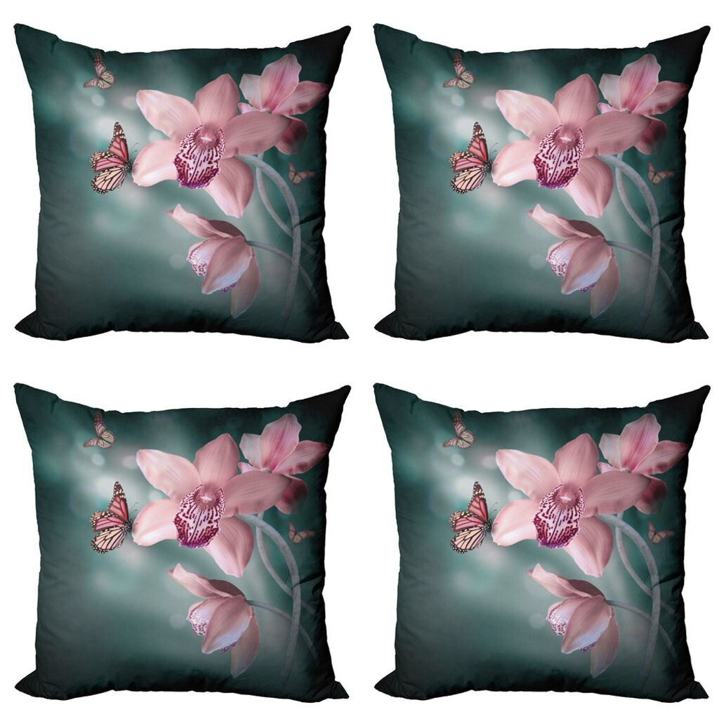

ABAKUHAUS Набор чехлов для подушек с цветочным принтом (4 предмета), бабочка с цветком орхидеи, современная двусторонняя цифровая печать, 40 см x 40 см, нежно-розовый и нефритовый зеленый