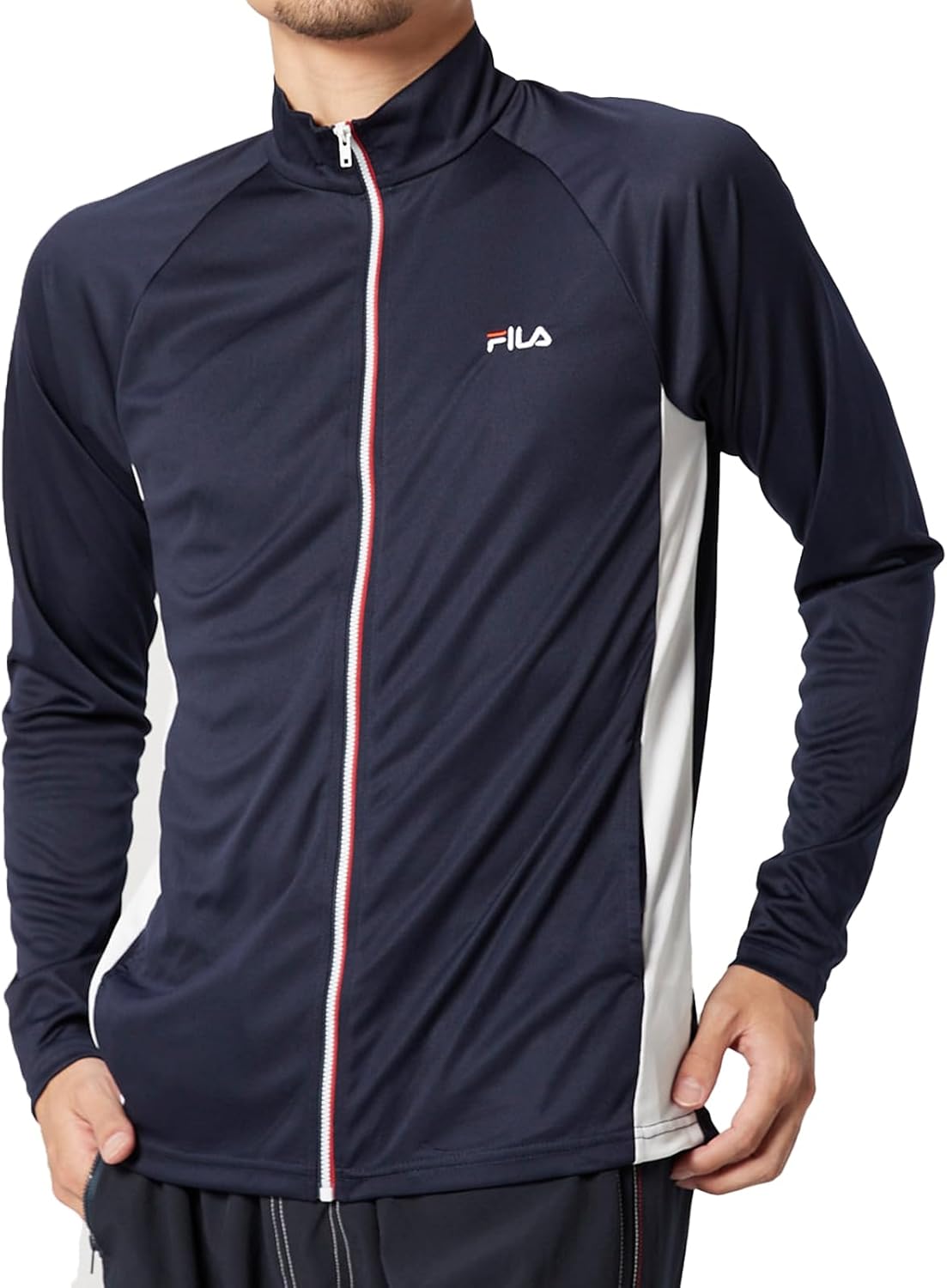 

Мужская рашгард FILA, воротник-стойка, боковые линии, логотип One-Point, белый/темно-синий
