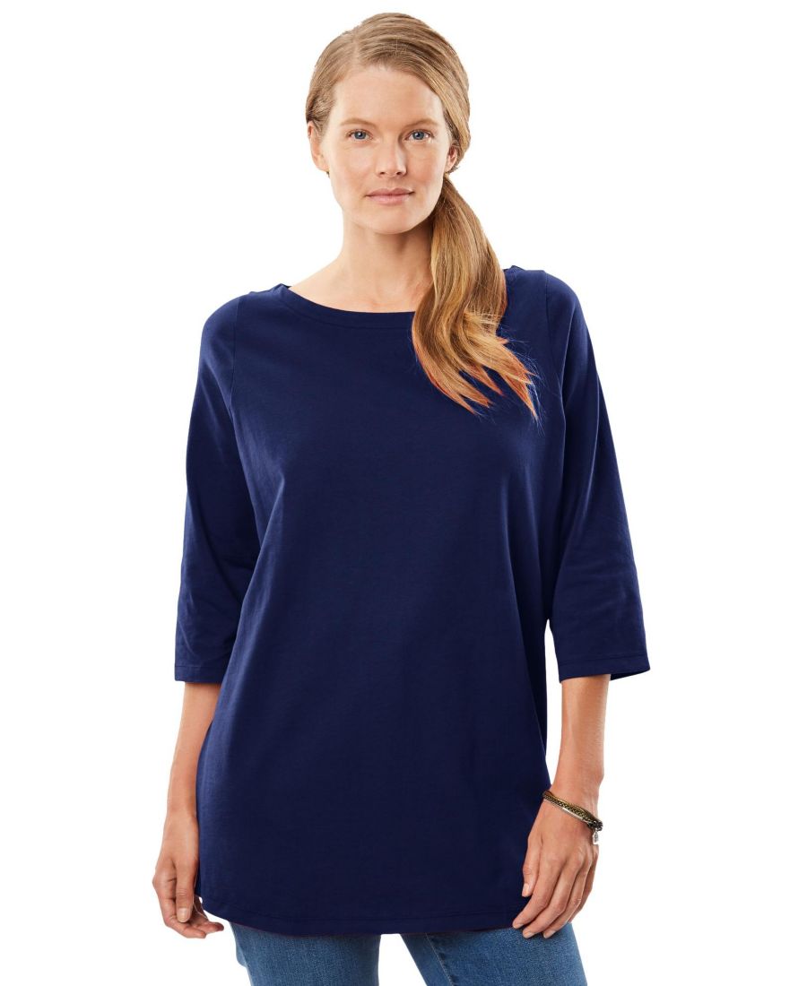 

Футболка большого размера с рукавами три четверти и вырезом-лодочкой Woman Within, Navy, Синий, Футболка большого размера с рукавами три четверти и вырезом-лодочкой Woman Within, Navy