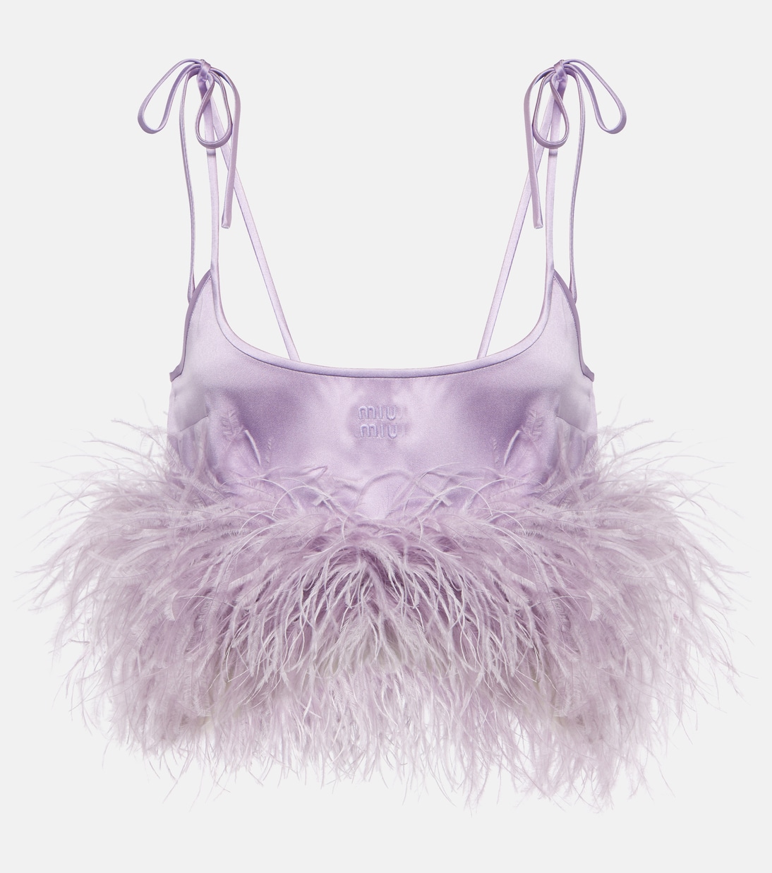 

Атласный укороченный топ с логотипом, отделанный перьями Miu Miu, Lilac