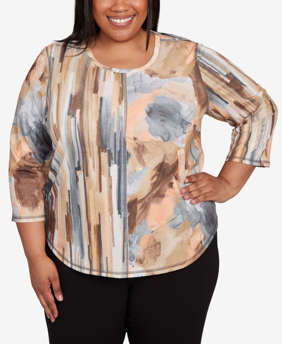 

Классический топ больших размеров с цветочным принтом и полосками, круглый вырез Alfred Dunner, Neutral