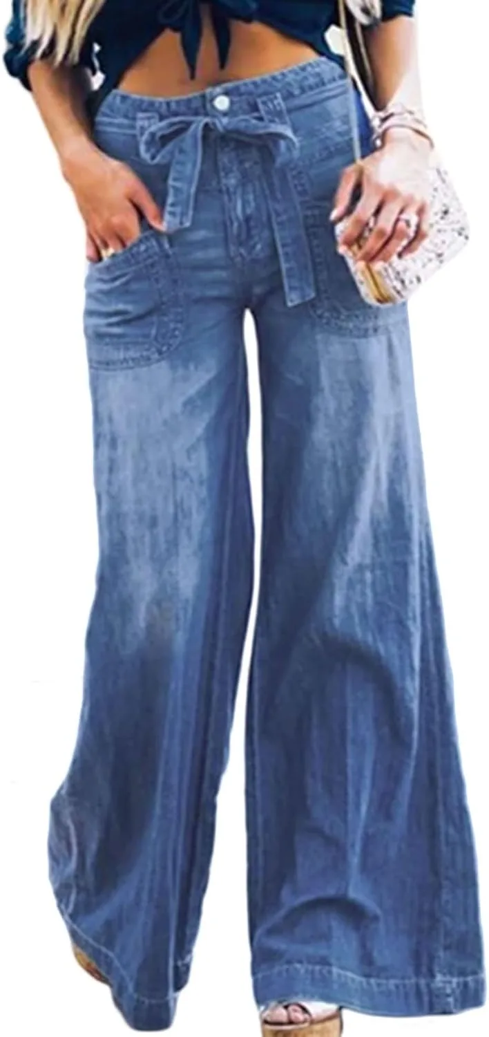 

Женские джинсы CHARTOU Casual Wide Leg с завязкой и потертостями