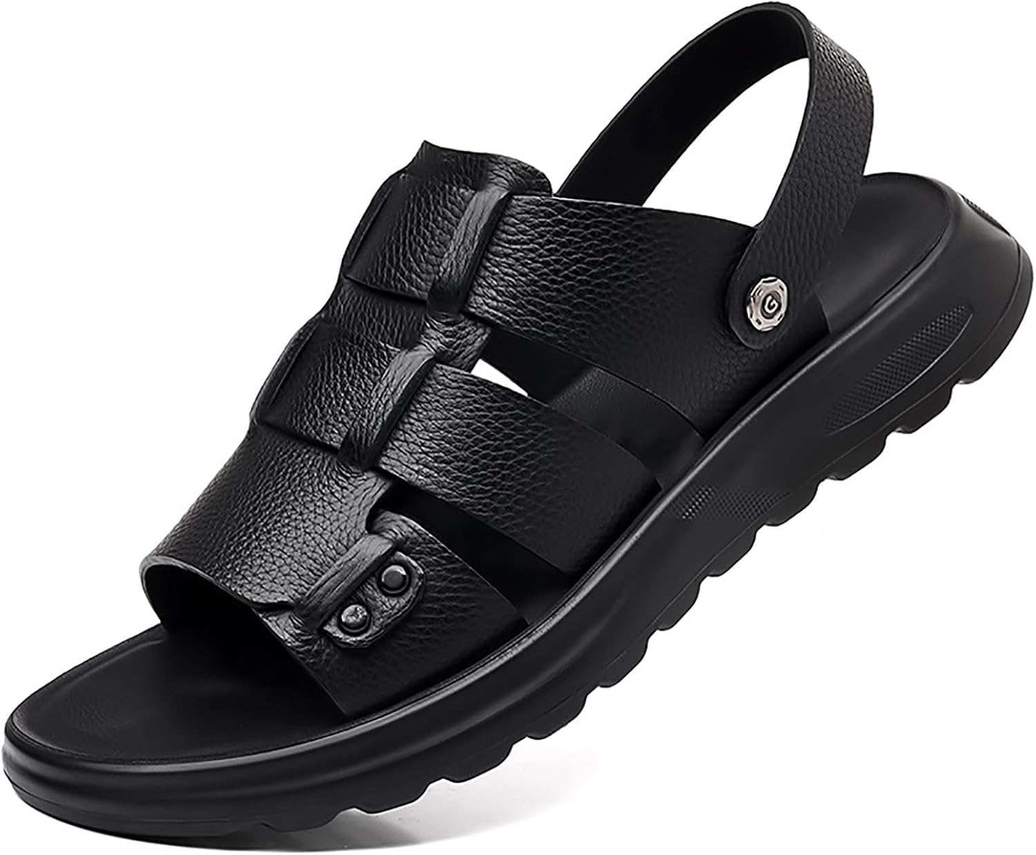

Мужские кожаные сандалии с круглым открытым носком на платформе с регулируемым ремешком двойного назначения, мягкой подошвой, противоскользящие пляжные водные тапочки для повседневной прогулки и офиса Qeosnbx, черный