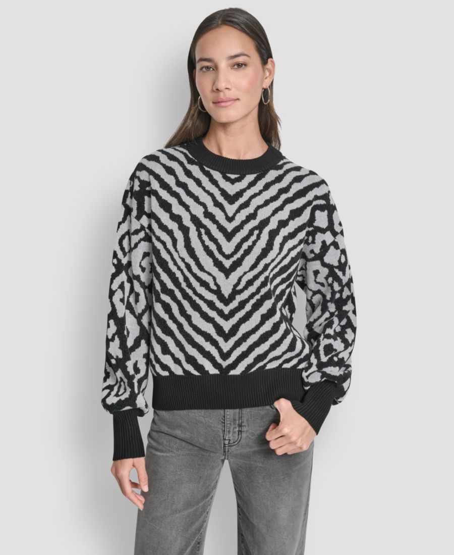 

Женский свитер с длинными рукавами и анималистическим ворсом DKNY, Ivory/black