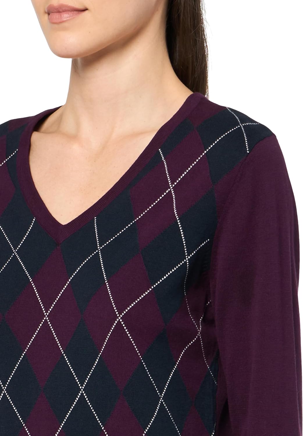Женский хлопковый свитер Tommy Hilfiger Ivy Argyle с V-образным вырезом, Aubergine/Sky Captain — фото 3