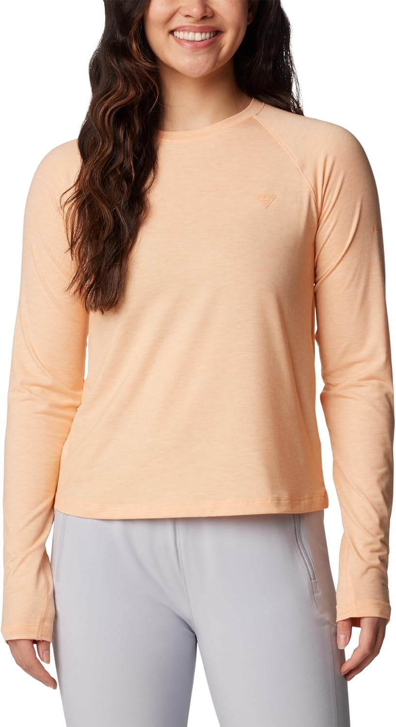 

Футболка Columbia Womens PFG Uncharted Knit Long Sleeve, Peach Fizz Heather, Оранжевый, Футболка Columbia Womens PFG Uncharted Knit Long Sleeve, Peach Fizz Heather