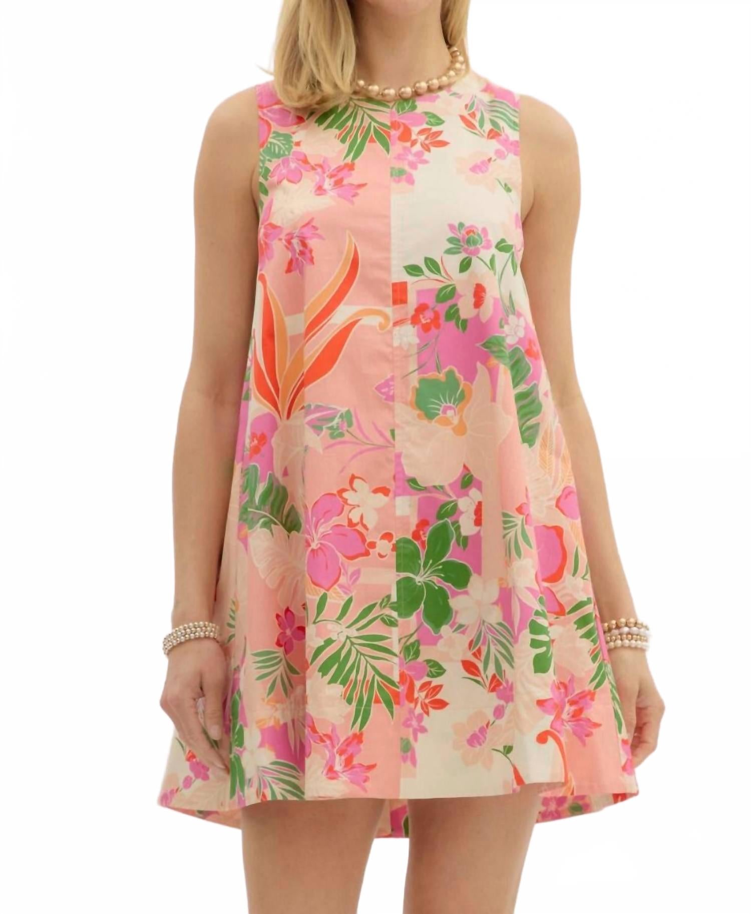 

Тропическое платье-мини с запахом в розово-зеленом цвете Entro