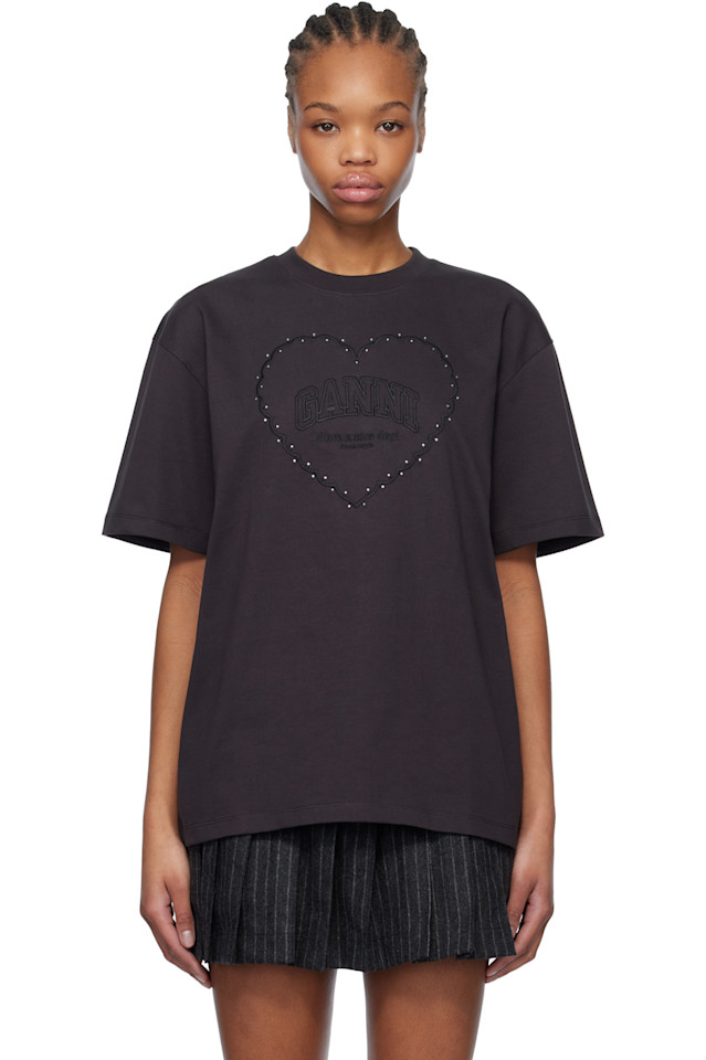

Футболка oversize из плотного хлопка с принтом сердца Ganni, цвет phantom