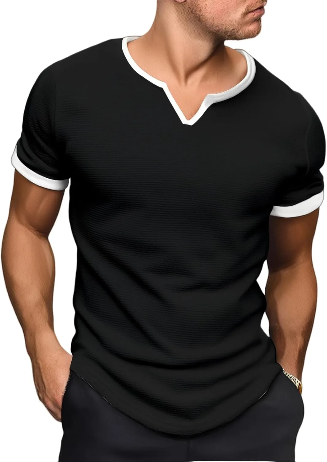

Мужская футболка с коротким рукавом Henley Notch V Neck Banded Collar CHXLQQX