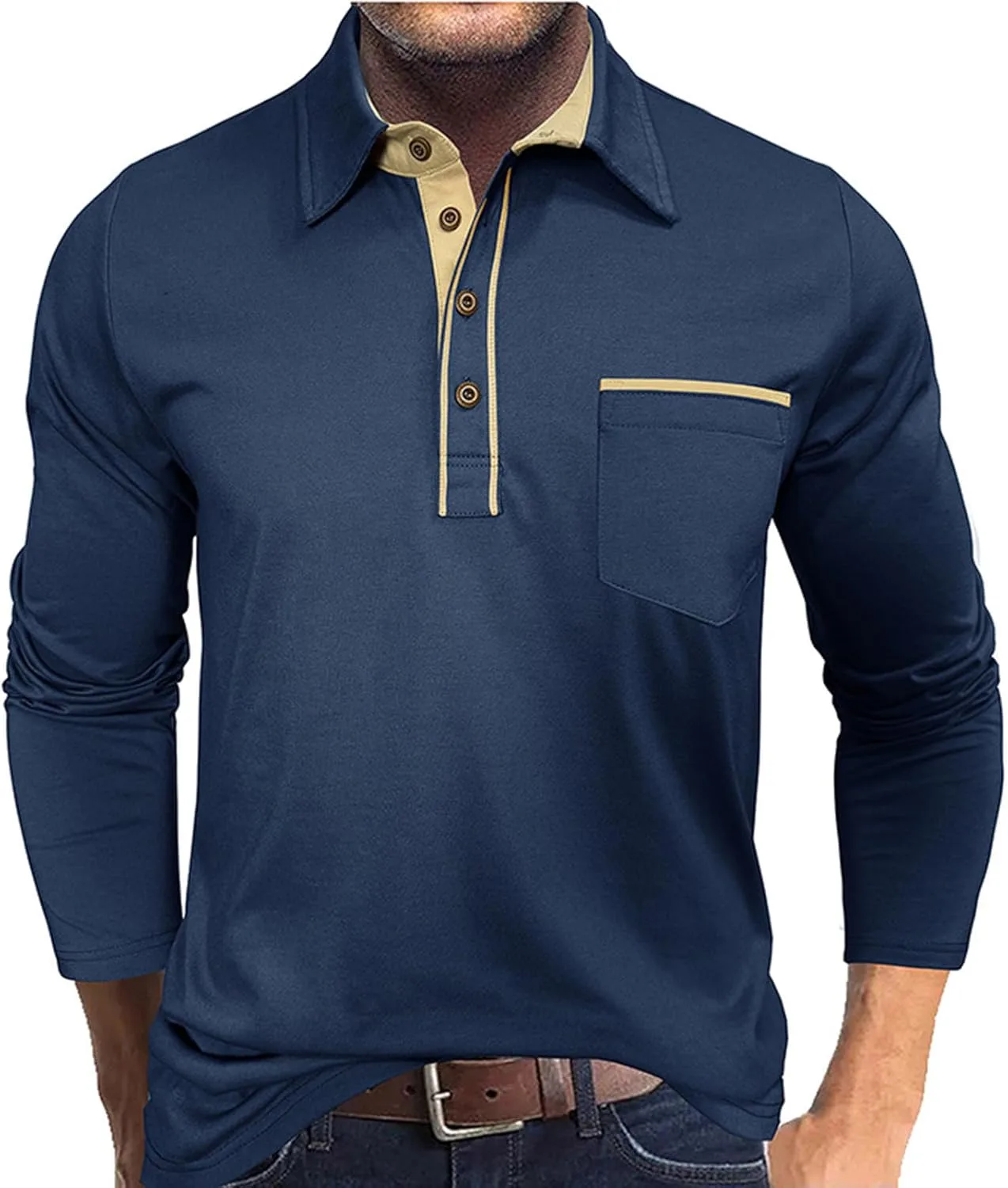 

Мужская классическая поло с длинным рукавом и отложным воротником