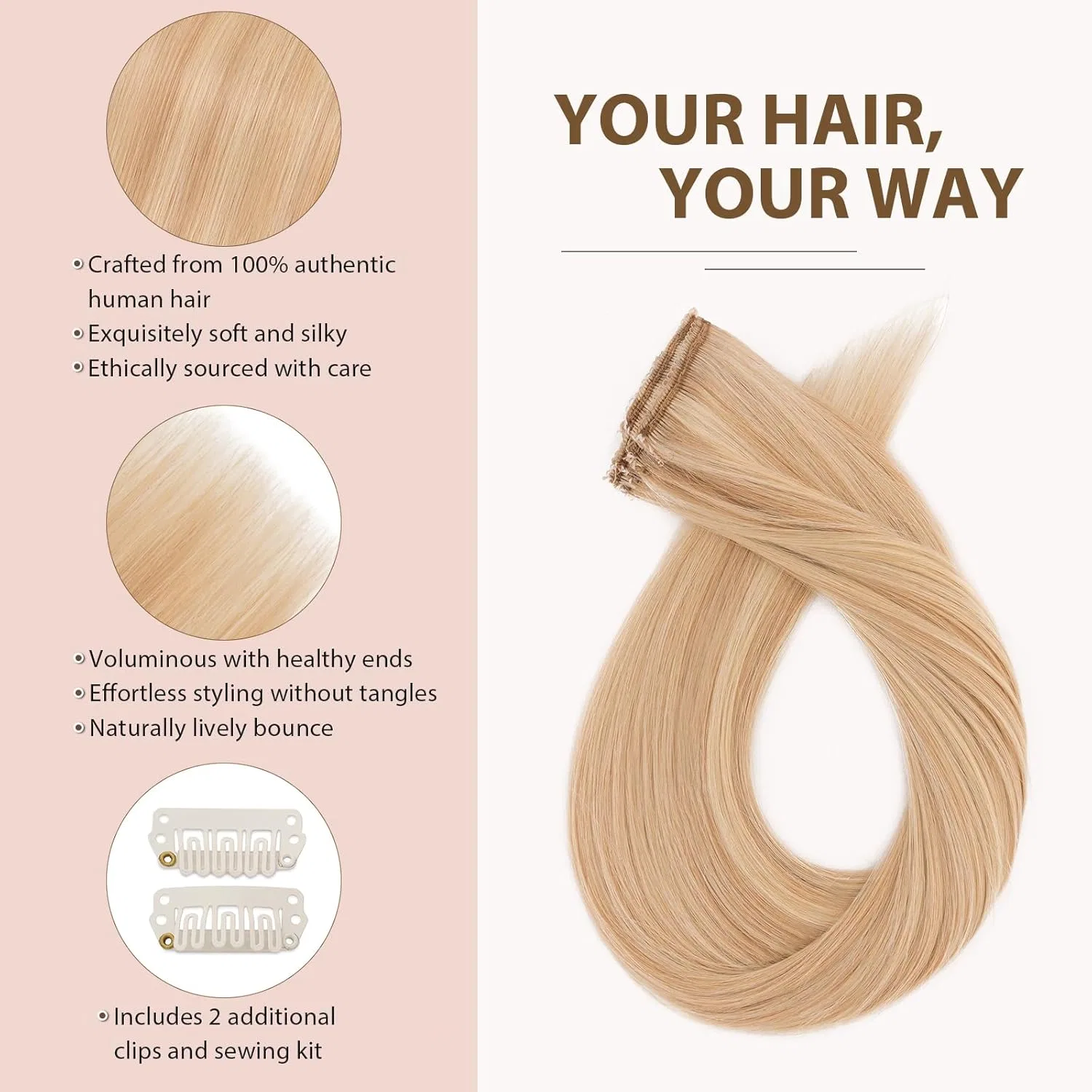 Накладные пряди TESS на заколках из натуральных волос Remy, 25 см Tess, 18Rp613R# Golden Blonde/Light Blonde — фото 3
