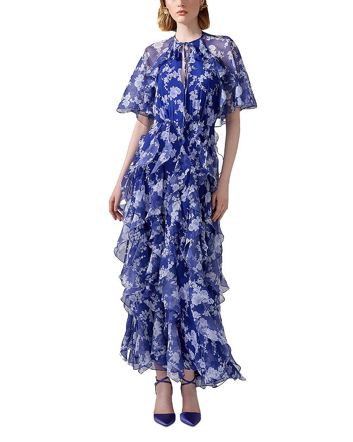 

Шелковое платье с короткими рукавами, галстуком и рюшами-накидкой Carolina Herrera, синий