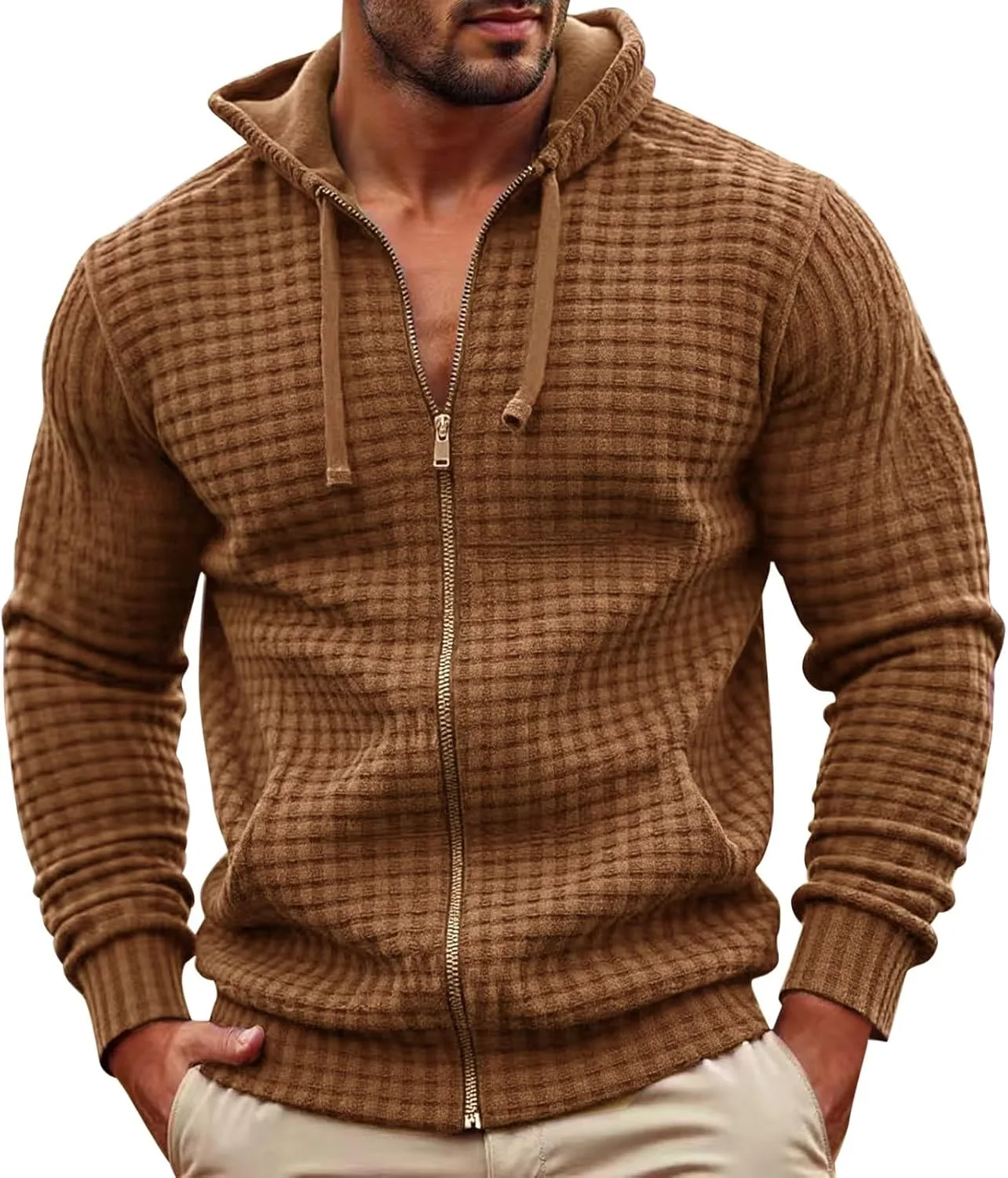 Толстовка с капюшоном Waffle Knit для мужчин, Full Zip, легкая