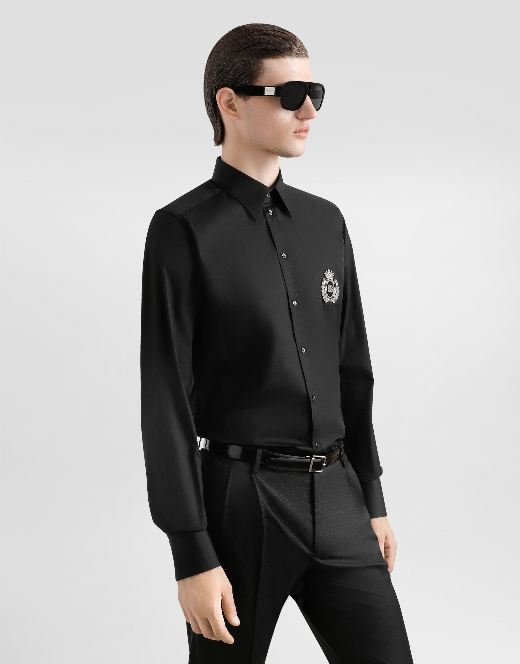 Хлопковая рубашка с гербовой нашивкой Dolce & Gabbana, черный — фото 4