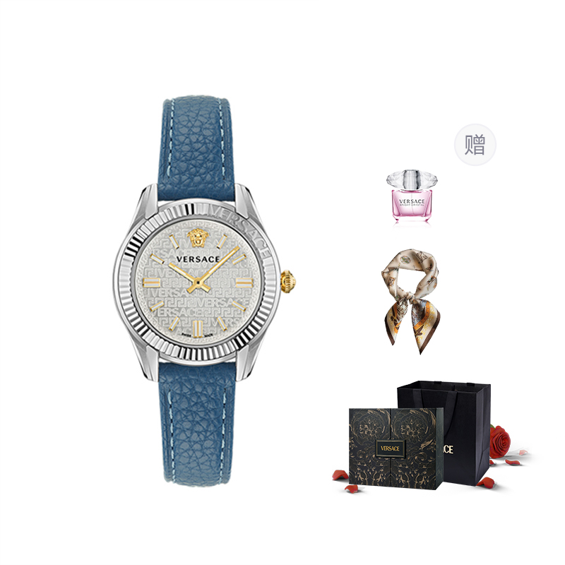 

VERSACE Часы Modern Password Collection Wrist Watch Quartz Movement Green Dial Unisex Limited Fortune Box+Silk Scarf, Blue Strap