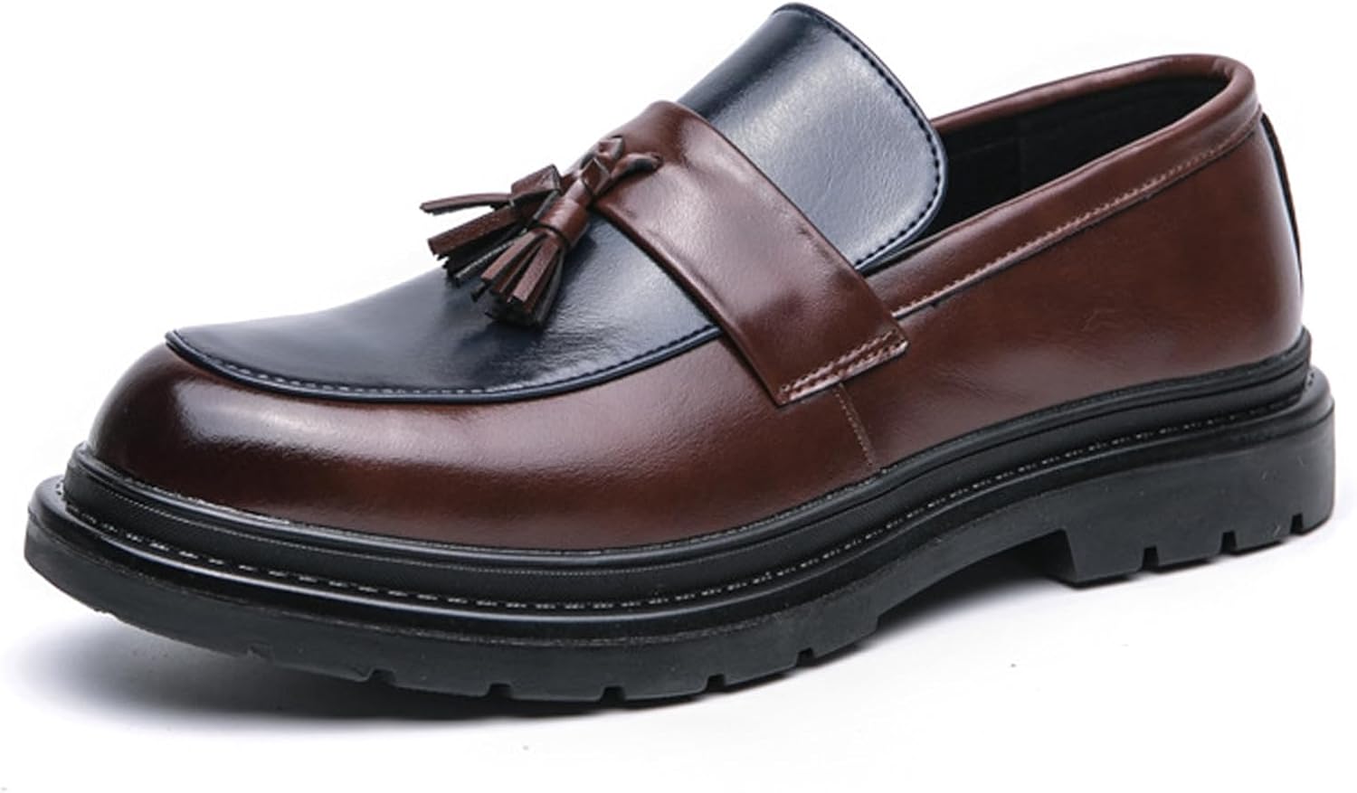 

Мужские модные лоферы на платформе с кисточками, удобные, с широким круглым носком, без застежки, подошва с протектором, низкий каблук-блок, деловые туфли, противоскользящие, для работы в офисе и повседневной носки Qooel, синий/коричневый