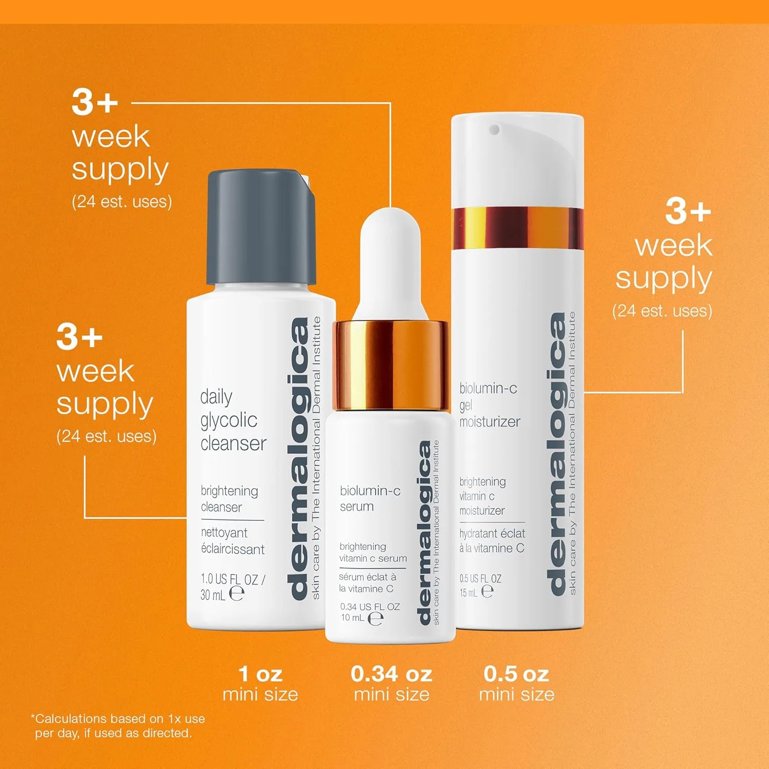 Набор для ухода за кожей лица Dermalogica Daily Brightness Boosters - сыворотка BioLumin-C (8,5 г), увлажняющий гель BioLumin-C (14,2 г) и очищающее средство Daily Glycolic Cleanser (28,3 г) — фото 4