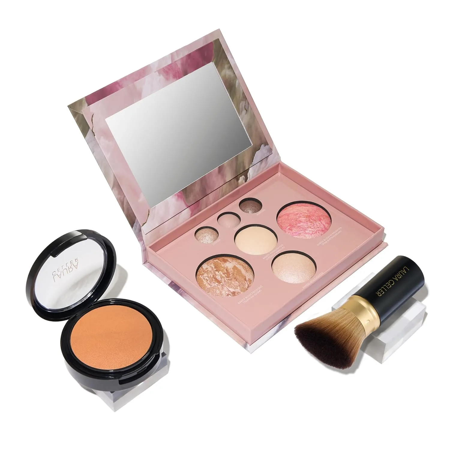 LAURA GELLER NEW YORK Matte Baked Starter Kit - тональная пудра Double Take, оттенок Tan, палетка Best of the Best и кисть Retractable Angled Kabuki, pink, beige