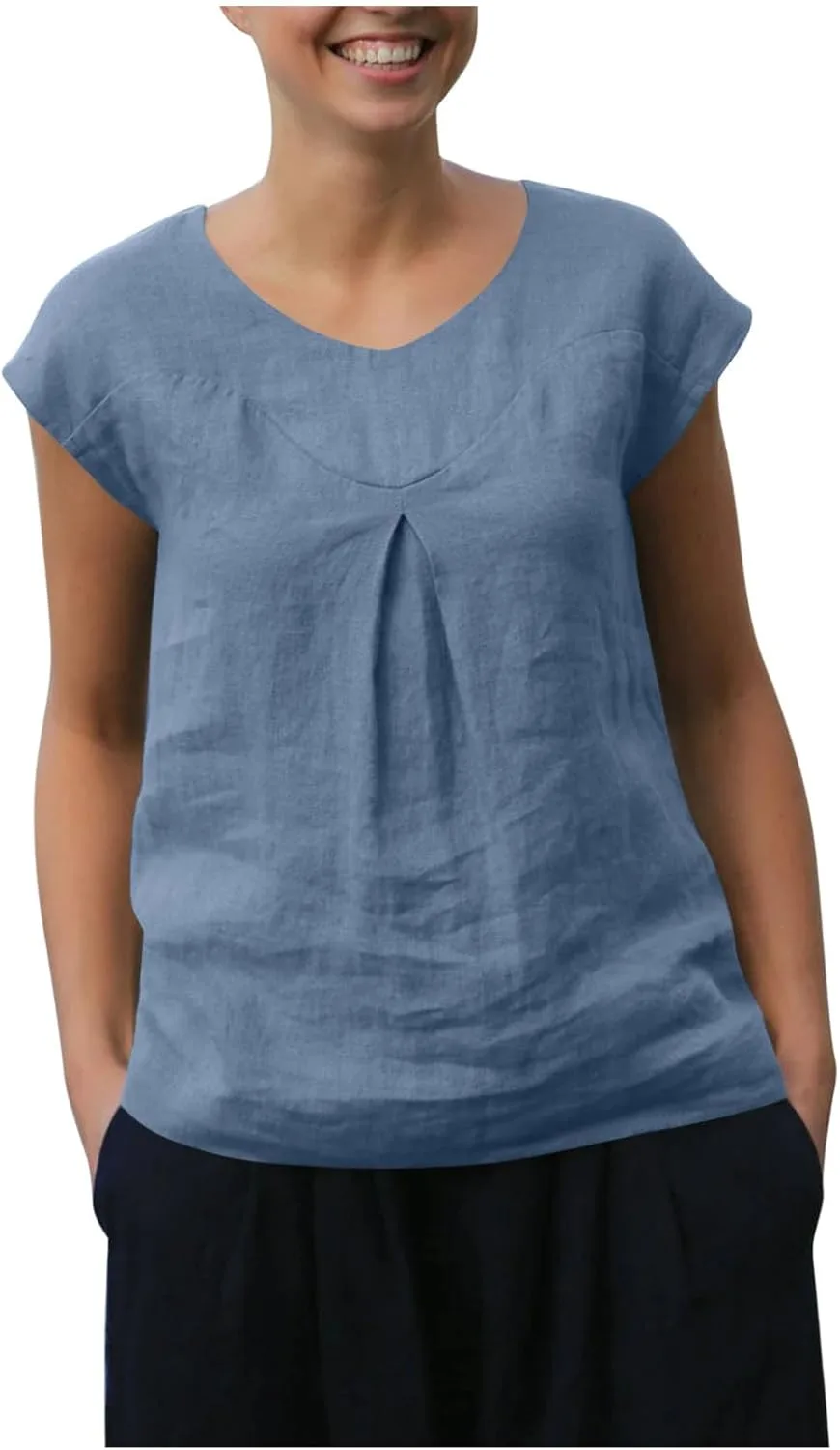 

Льняная рубашка для женщин свободного кроя с коротким рукавом и круглым вырезом Floleo