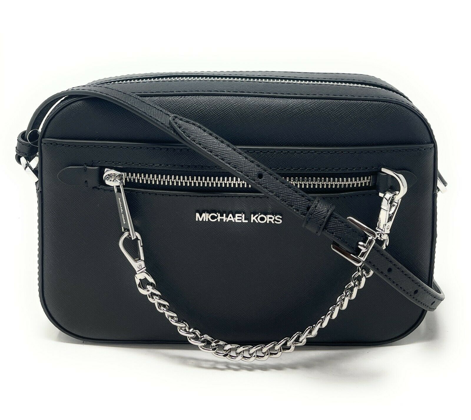 

MICHAEL KORS Jet Set Сумка через плечо из сафьяновой кожи с цепочкой на молнии, цвет Black/Sv