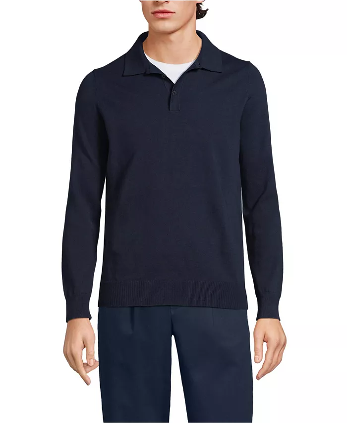 

Мужская длинная хлопковая свитер-поло Lands' End, синий