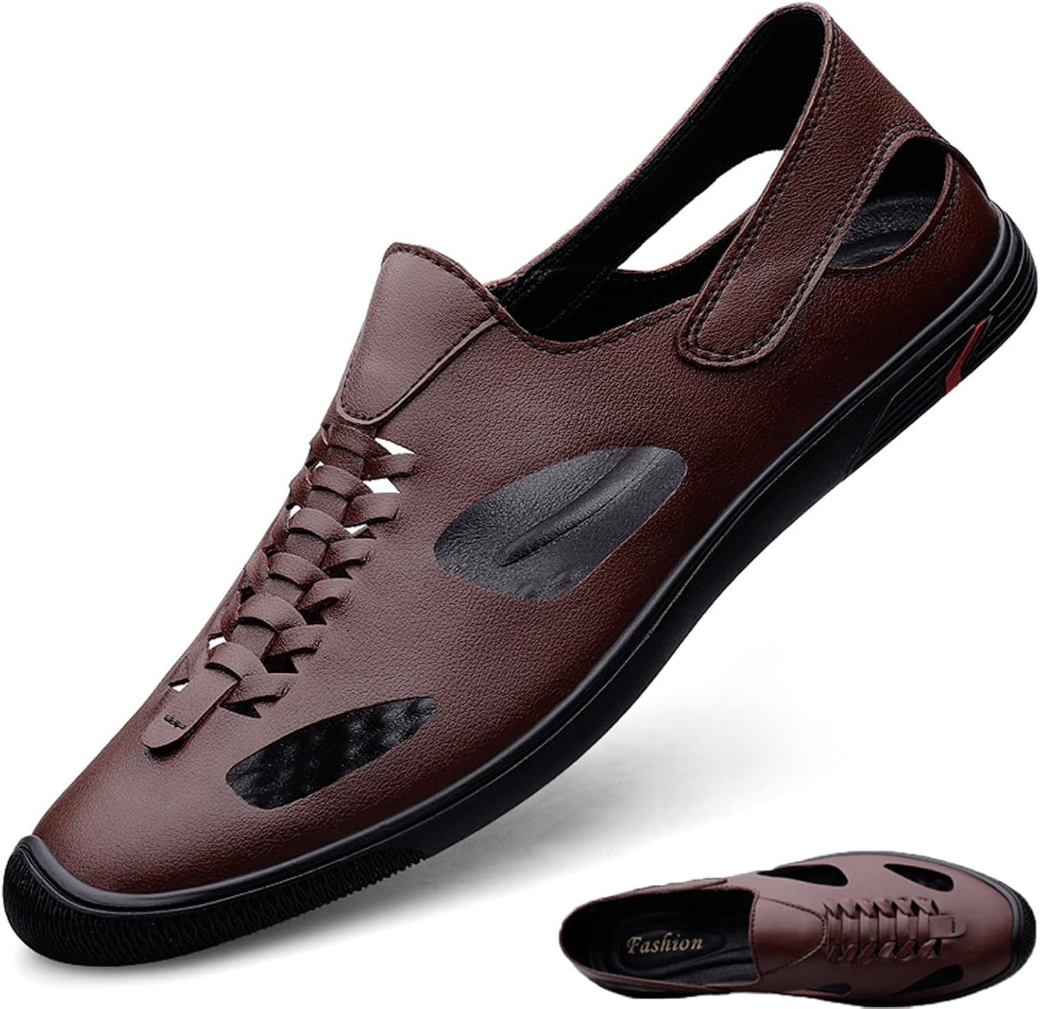 

Мужские сандалии-лодочки из натуральной кожи Hollow, плоские, рыбацкие, повседневные, летние, дышащие, с закрытым носком, с легким надеванием, для вождения, пляжа, прогулок и водного туризма Devileyeze, коричневый