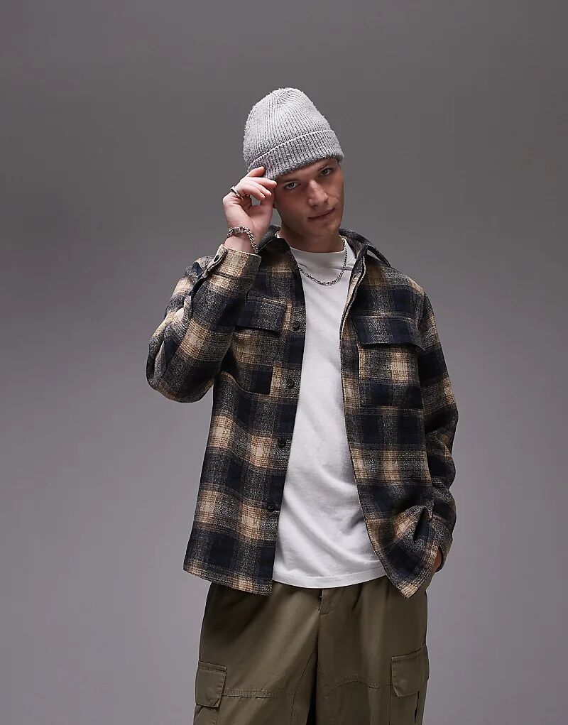 

Рубашка с длинными рукавами и начесом в клетку коричневого цвета Topman