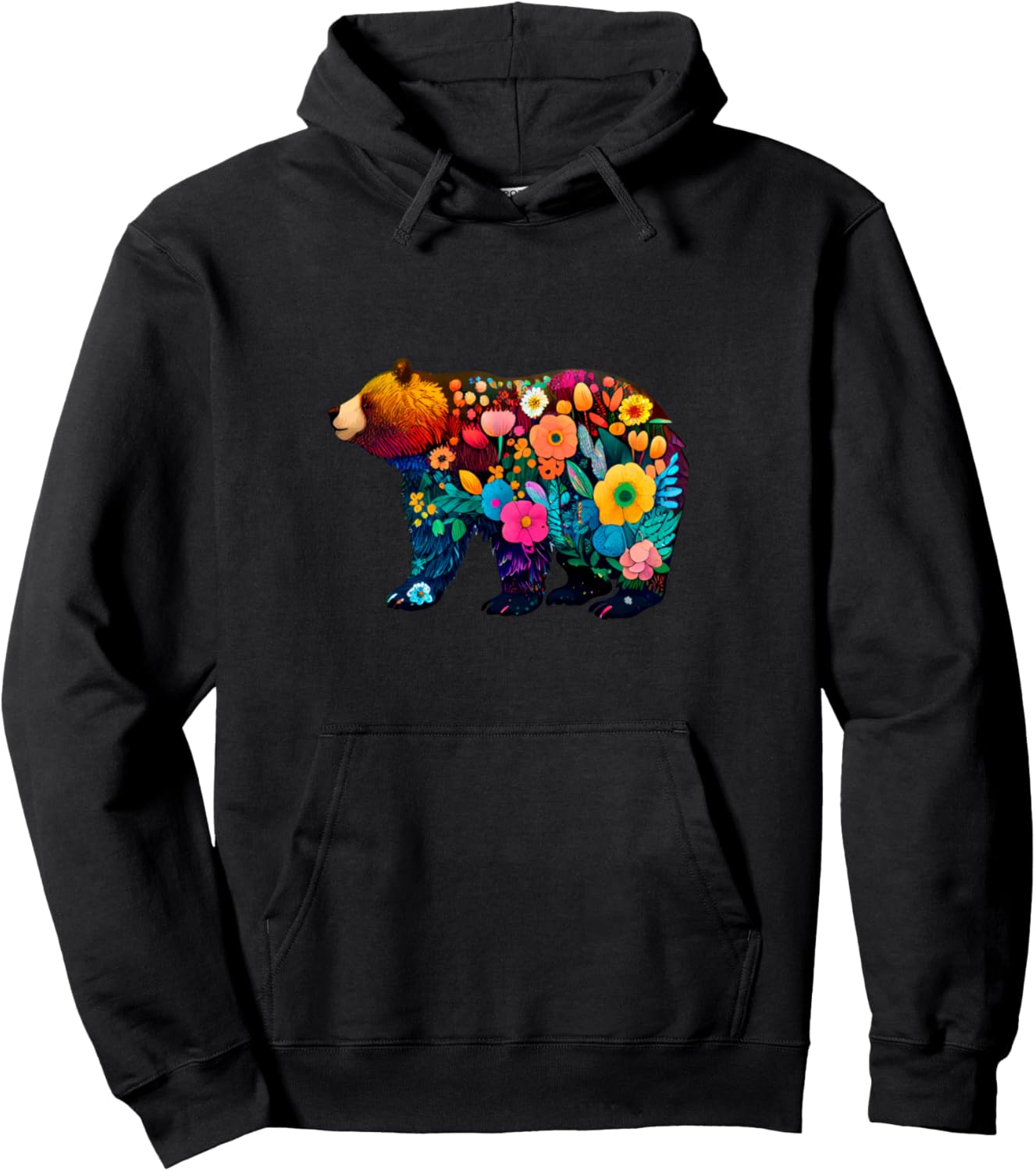 

Толстовка с изображением медведя и яркими цветами внутри Wildlife Floral Colorful Nature Fusion, черный