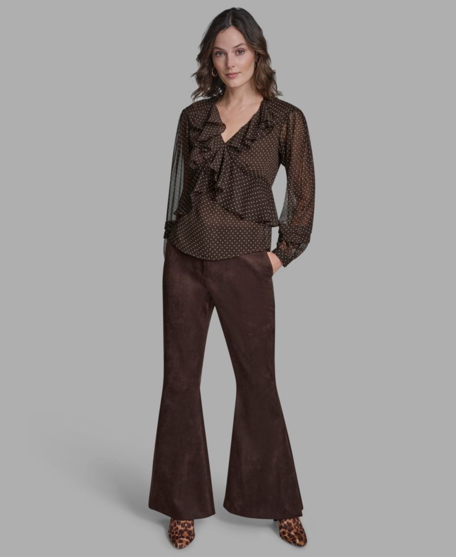 

Женская блузка в горошек с длинными рукавами и V-образным вырезом BCBG, Truffle/Whisper White