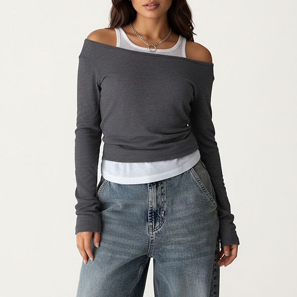 

Топ с длинным рукавом и многослойной вязкой с открытыми плечами и свободным кроем Anna-Kaci, Dark Gray