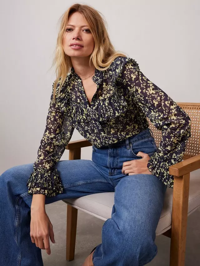 

Топ Mint Velvet Floral Ruffle Neck, цвет blue/multi