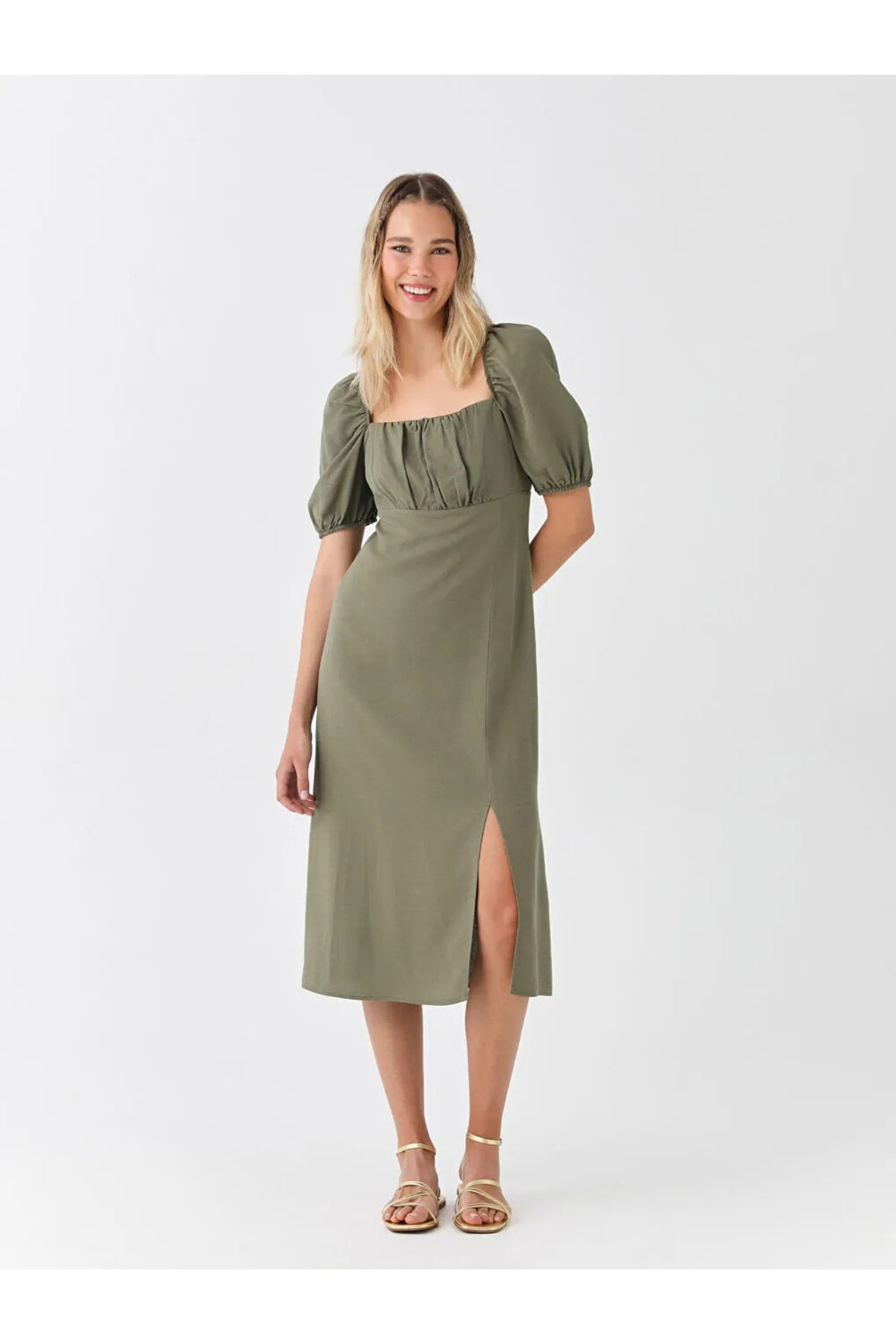 

Lcw повседневное женское льняное платье с квадратным воротником и короткими рукавами LC Waikiki, хаки