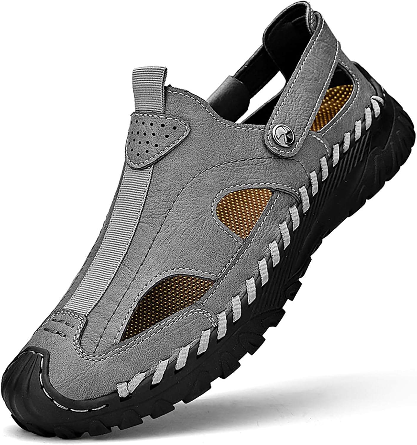 

Мужские спортивные сандалии ручной работы из натуральной кожи, легкие, с закрытым круглым носком, противоскользящие, без шнуровки, летние повседневные дышащие пляжные туфли-рыболов Faglkak, серый