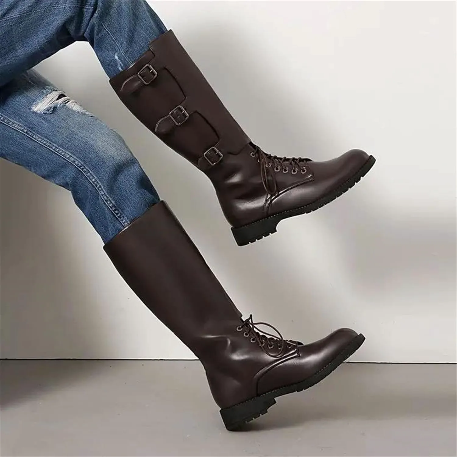 Мужские сапоги Alloaone до колена с шнуровкой, низкий каблук, металлическое украшение, обувь в ретро стиле, черный — фото 4